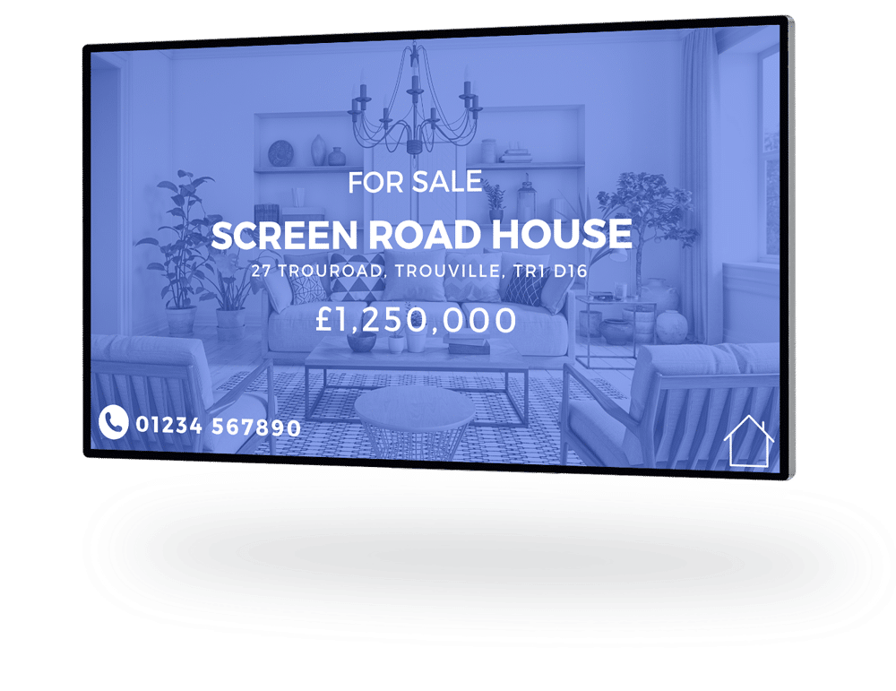Digital signage for estate agents showing live property listings in a window display